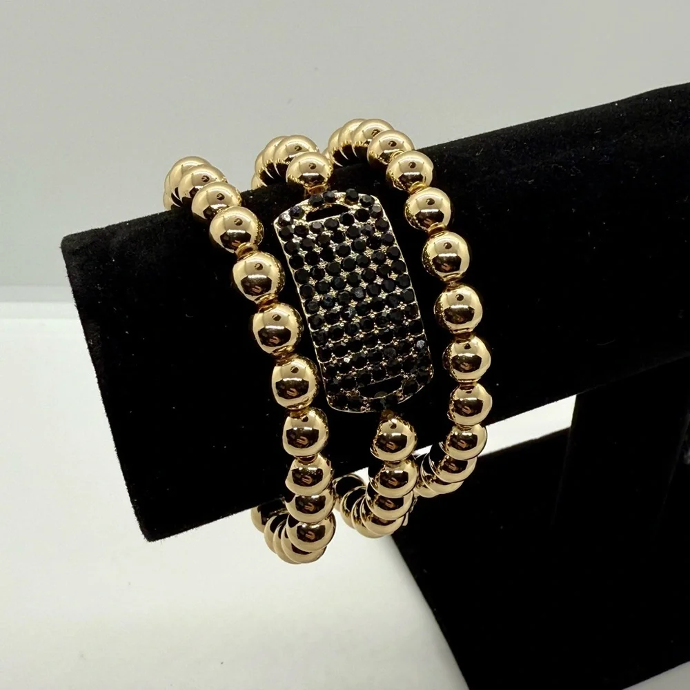 Sophisticated Gold and‎ Black Beaded 3 Piece Stretch Bracelet Set
